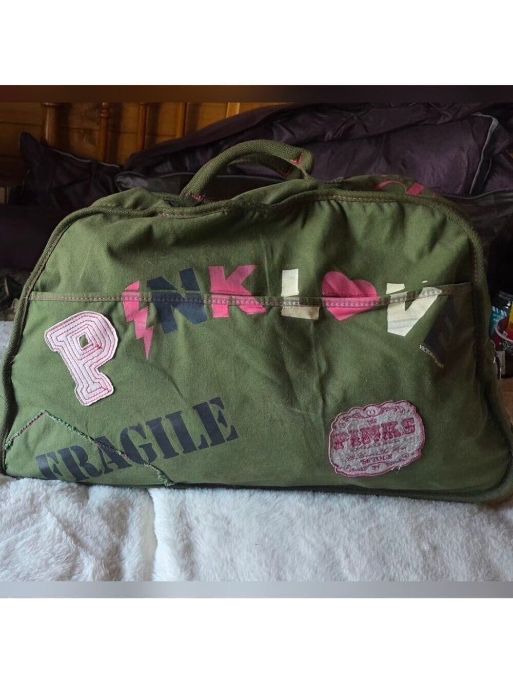 PINK Olive Green and Pink Graphic Weekend Duffel *Rare*